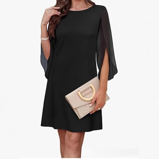 Asymmetrical Cape Sleeve A-Line Midi Dress / Black / S
