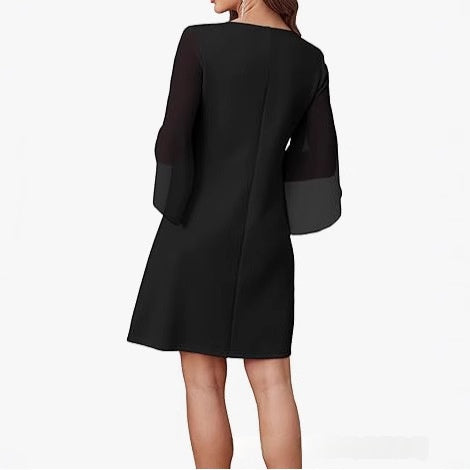 Asymmetrical Cape Sleeve A-Line Midi Dress / Black / M