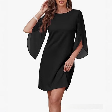 Asymmetrical Cape Sleeve A-Line Midi Dress / Black / L