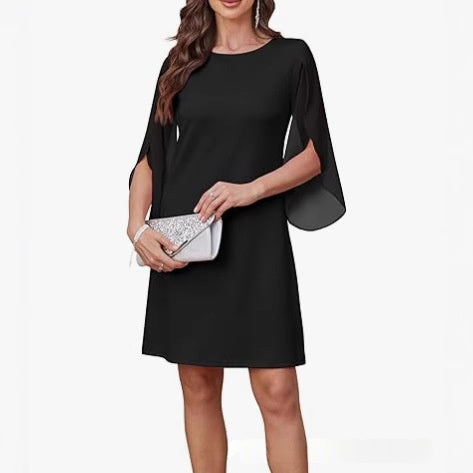 Asymmetrical Cape Sleeve A-Line Midi Dress / Black / XL