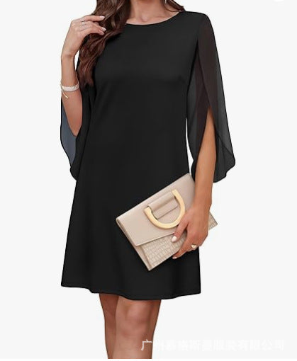 Asymmetrical Cape Sleeve A-Line Midi Dress