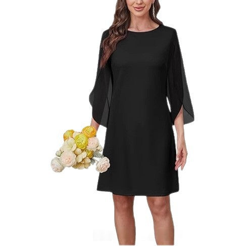 Asymmetrical Cape Sleeve A-Line Midi Dress / Black / 2XL