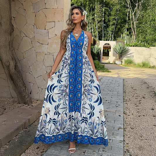 Bohemian Halter Neck Printed Maxi Dress / Blue / S