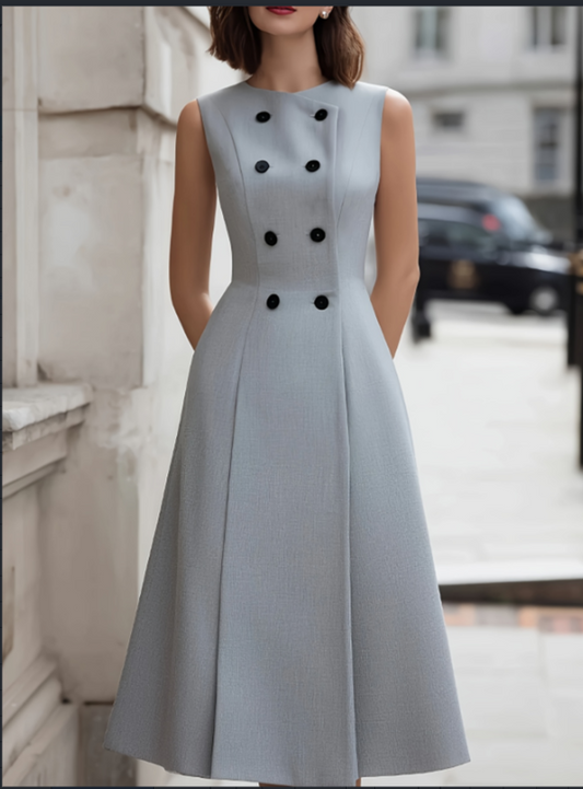 Double-Breasted Cinched Waist A-Line Midi Dress / Blue / S