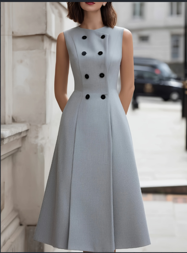 Double-Breasted Cinched Waist A-Line Midi Dress