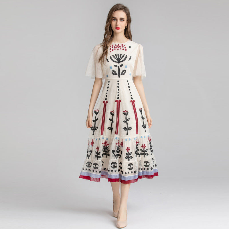 Embroidered Mesh Cinched Waist Swing Midi Dress / Apricot / S