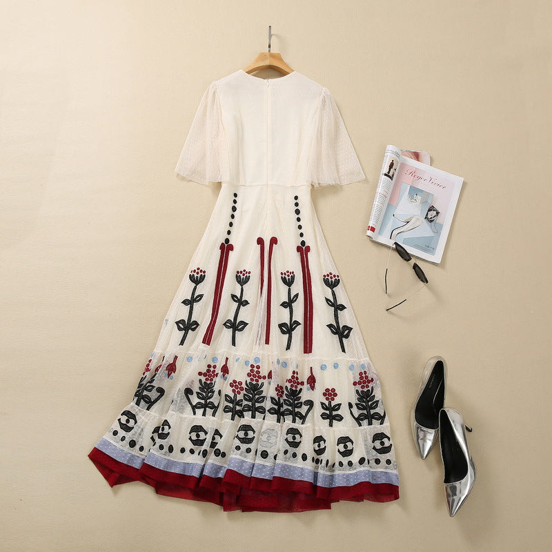 Embroidered Mesh Cinched Waist Swing Midi Dress / Apricot / L
