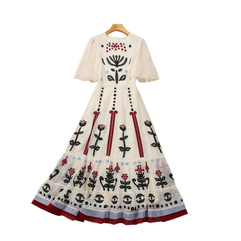Embroidered Mesh Cinched Waist Swing Midi Dress / Apricot / XXL