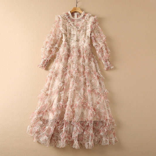 Embroidered Pearl Stand Collar Long Sleeve Maxi Dress / Apricot / S