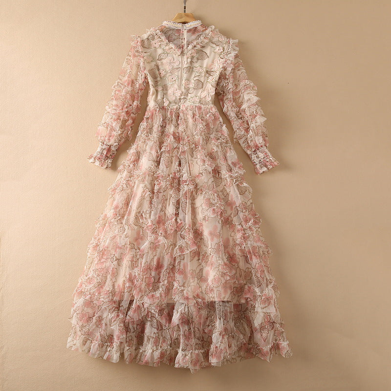 Embroidered Pearl Stand Collar Long Sleeve Maxi Dress / Apricot / M
