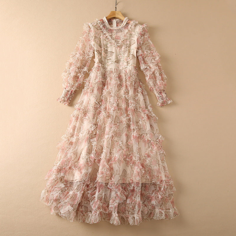 Embroidered Pearl Stand Collar Long Sleeve Maxi Dress