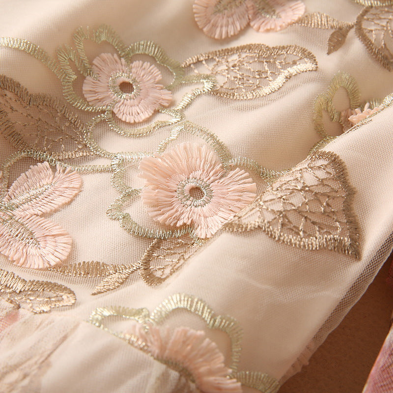 Embroidered Pearl Stand Collar Long Sleeve Maxi Dress / Apricot / L