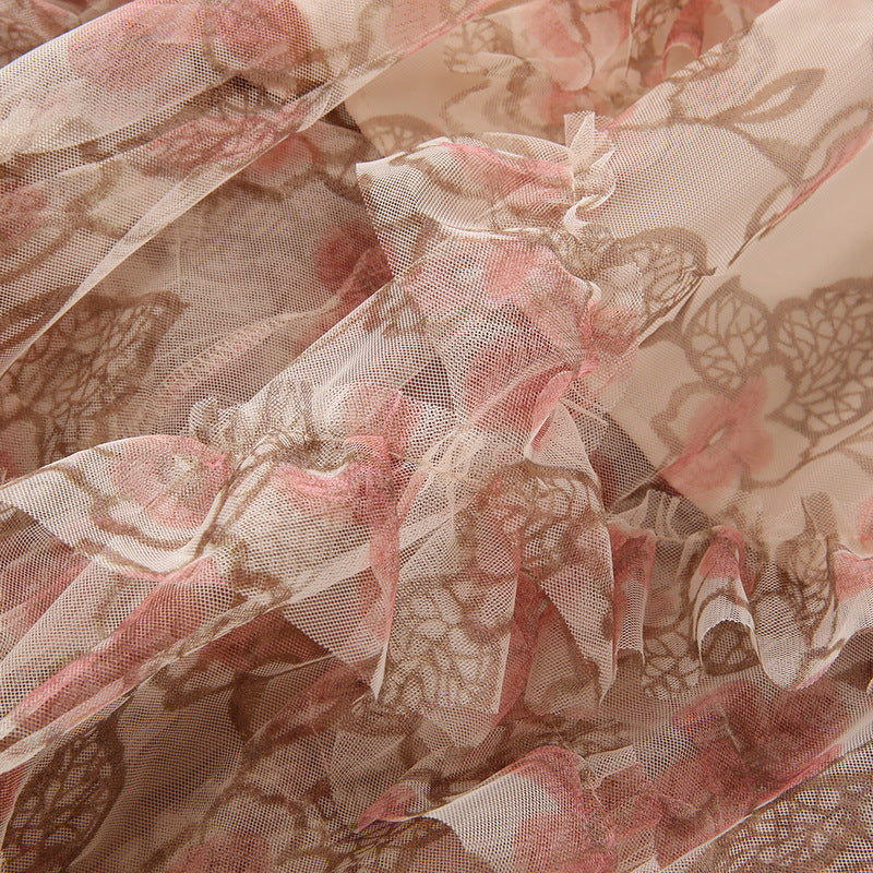 Embroidered Pearl Stand Collar Long Sleeve Maxi Dress / Apricot / XL