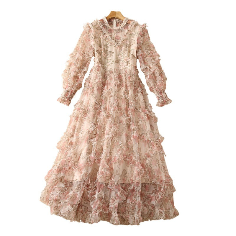 Embroidered Pearl Stand Collar Long Sleeve Maxi Dress