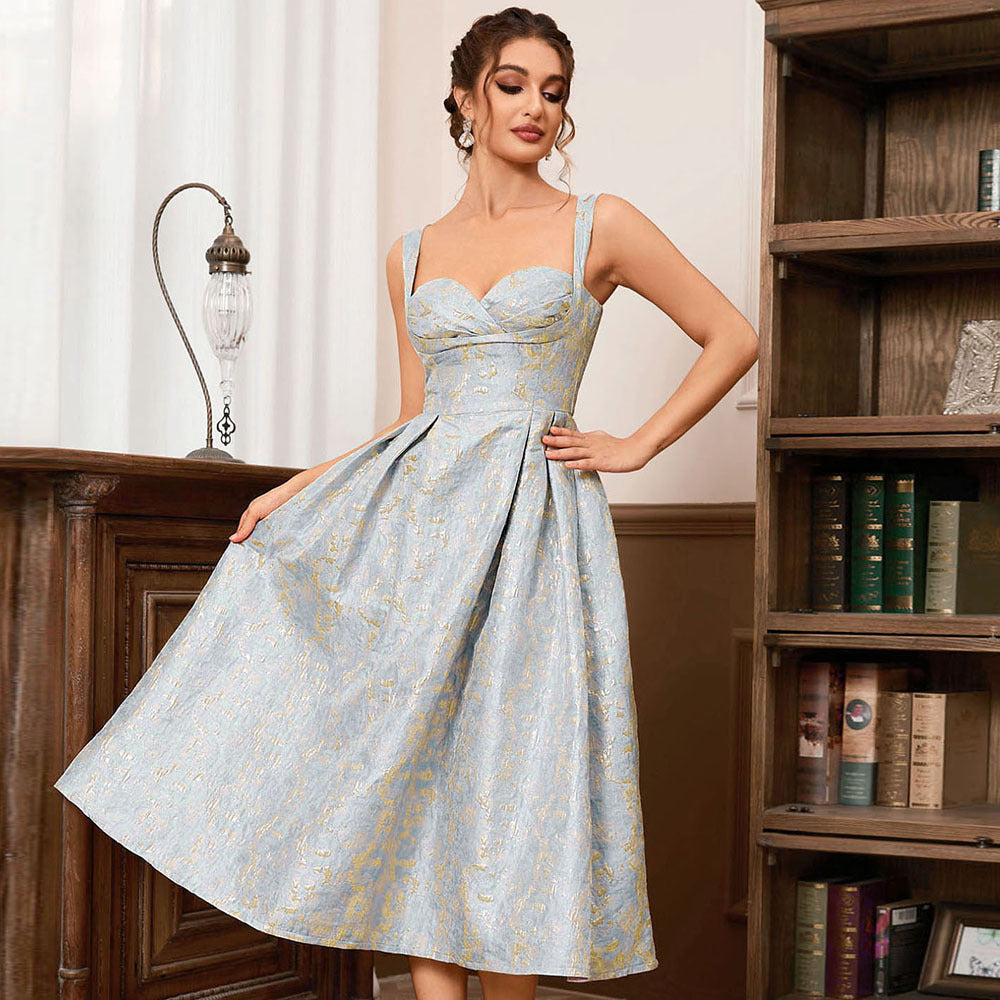 Floral Appliqué Sling Princess Maxi Dress / Azure / S