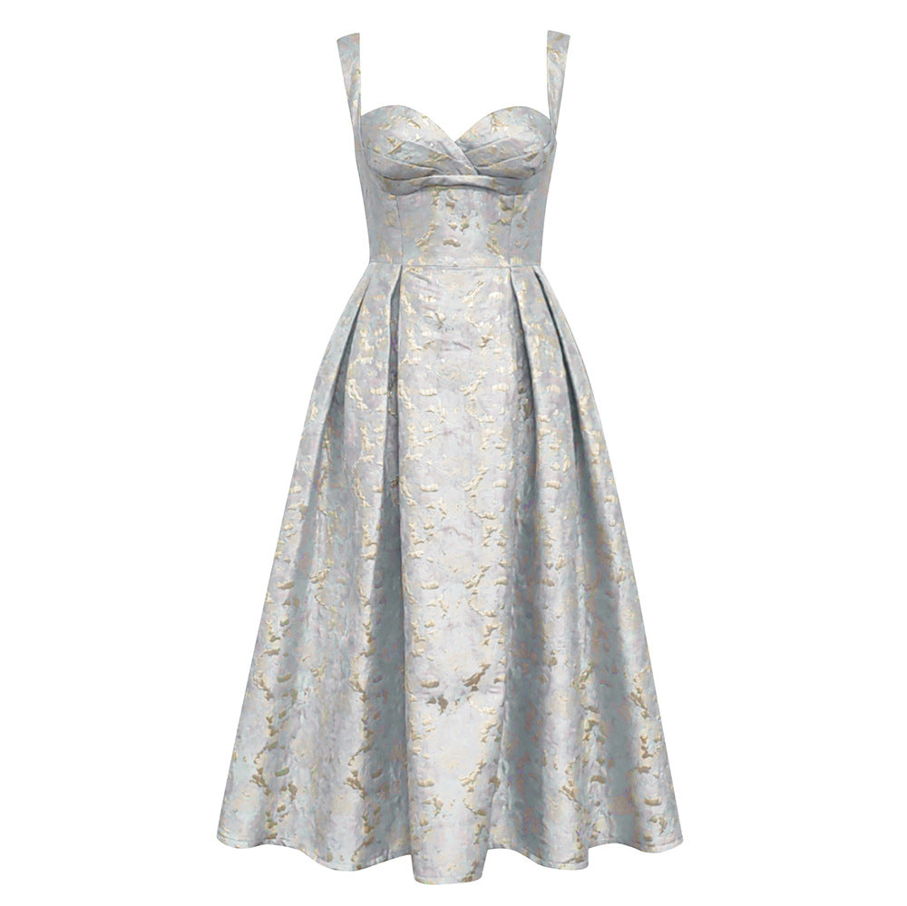 Floral Appliqué Sling Princess Maxi Dress / Azure / M