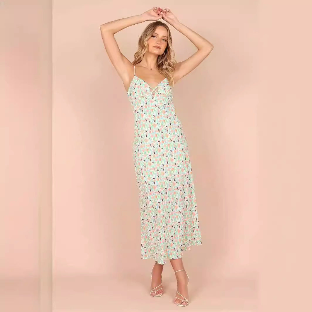 Floral Backless Chiffon Vacation Midi Dress / Color / S