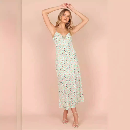 Floral Backless Chiffon Vacation Midi Dress / Color / S