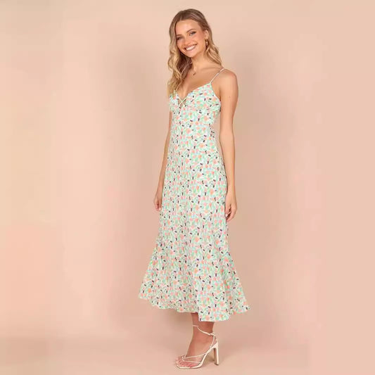 Floral Backless Chiffon Vacation Midi Dress / Color / M
