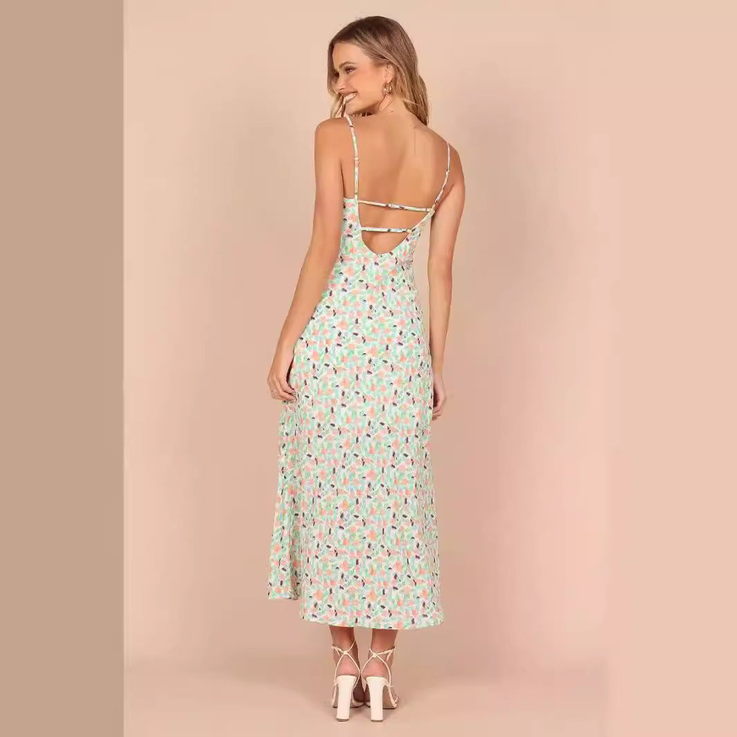 Floral Backless Chiffon Vacation Midi Dress / Color / L