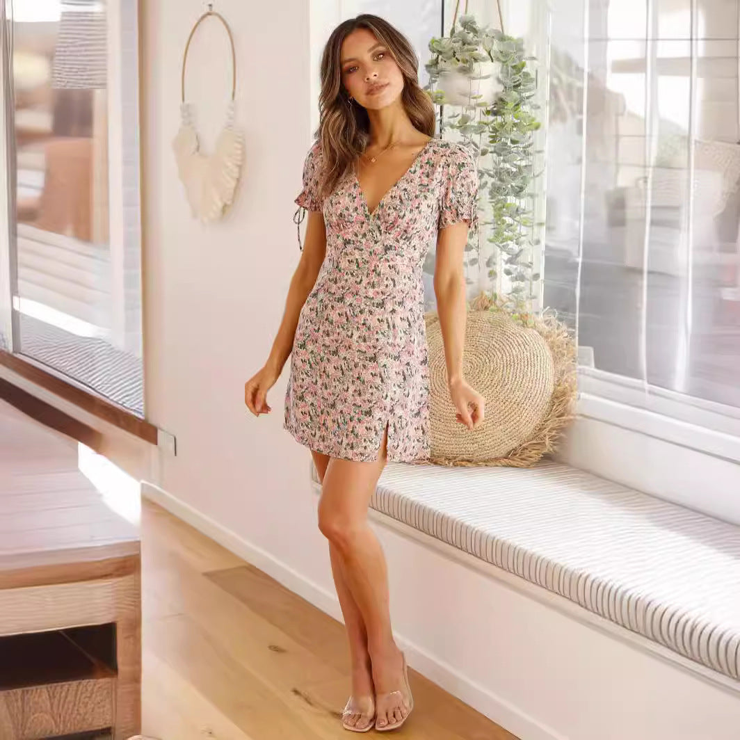 Floral Lace-Up V-Neck Mini Dress with Ruffle Sleeves / Color / S