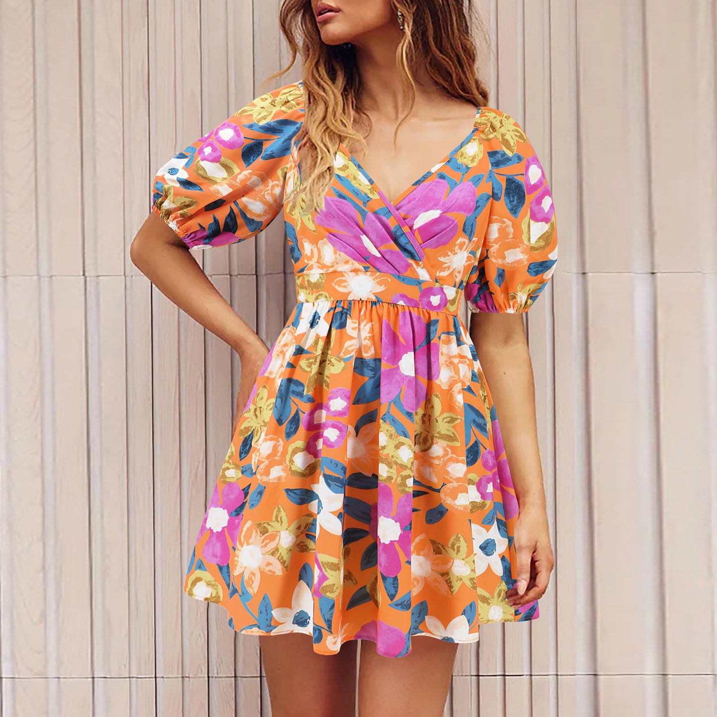Floral Lantern Sleeve A-Line Mini Dress