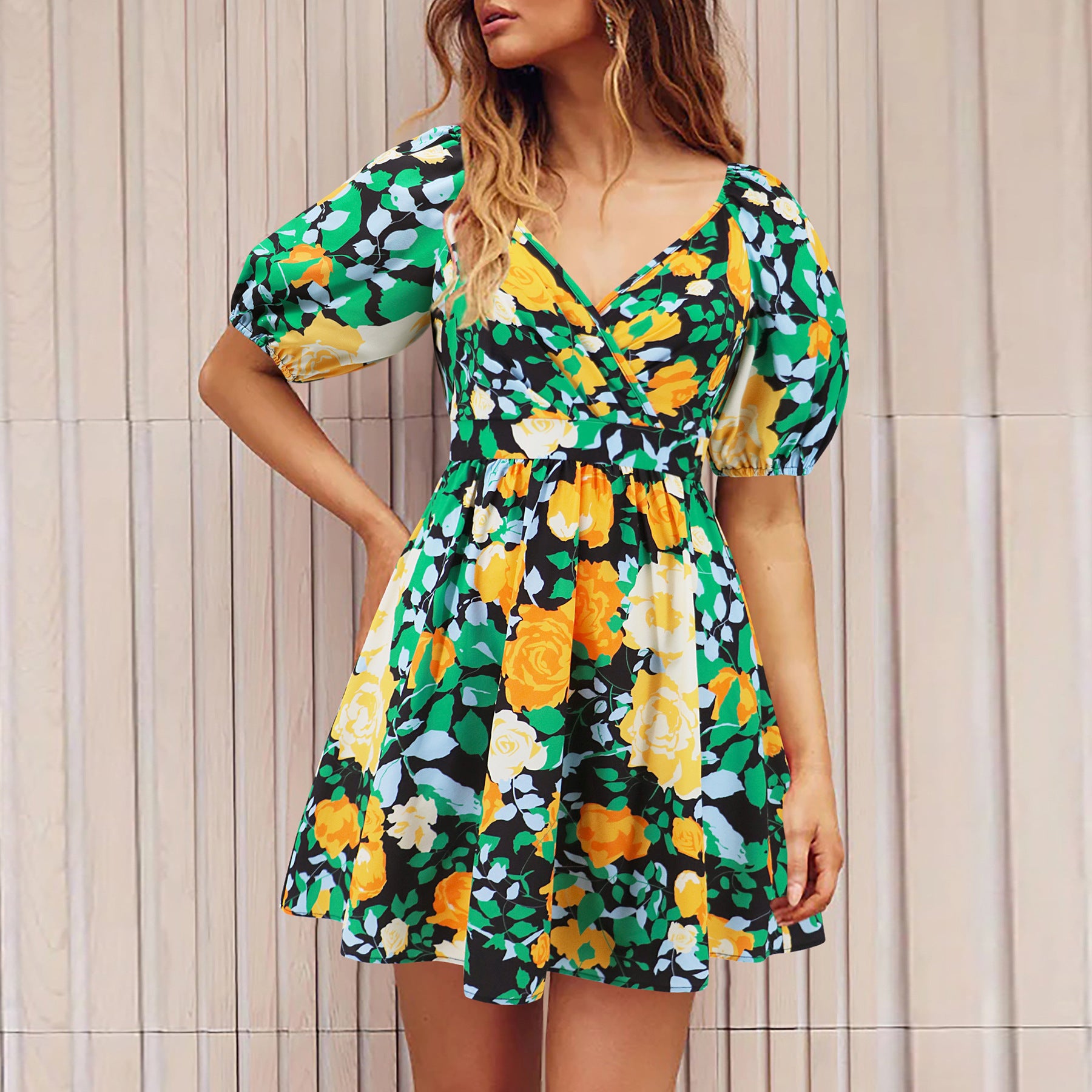 Floral Lantern Sleeve A-Line Mini Dress / Orange / L