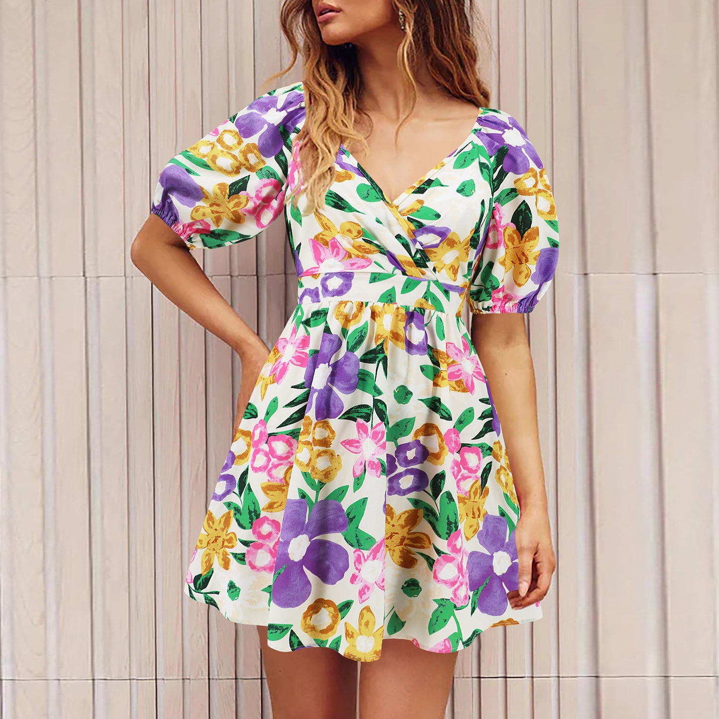 Floral Lantern Sleeve A-Line Mini Dress