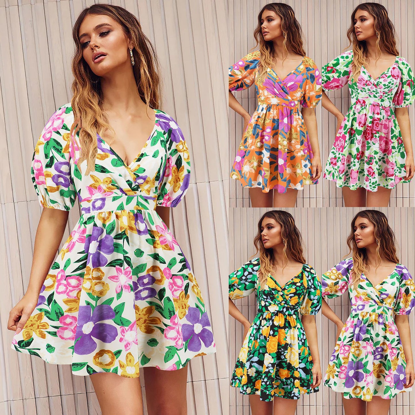 Floral Lantern Sleeve A-Line Mini Dress / Red And Green / L
