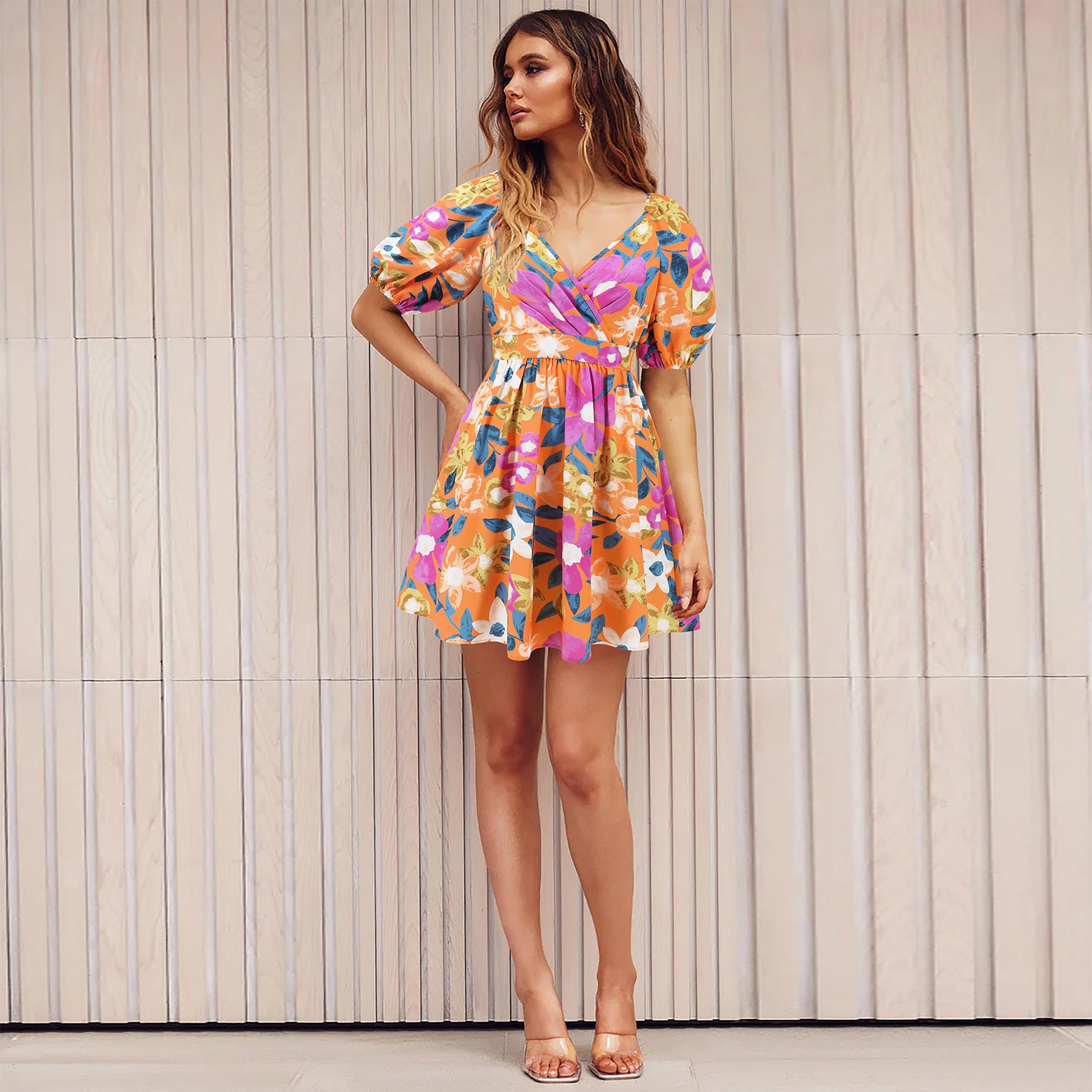 Floral Lantern Sleeve A-Line Mini Dress / Red And Green / XL