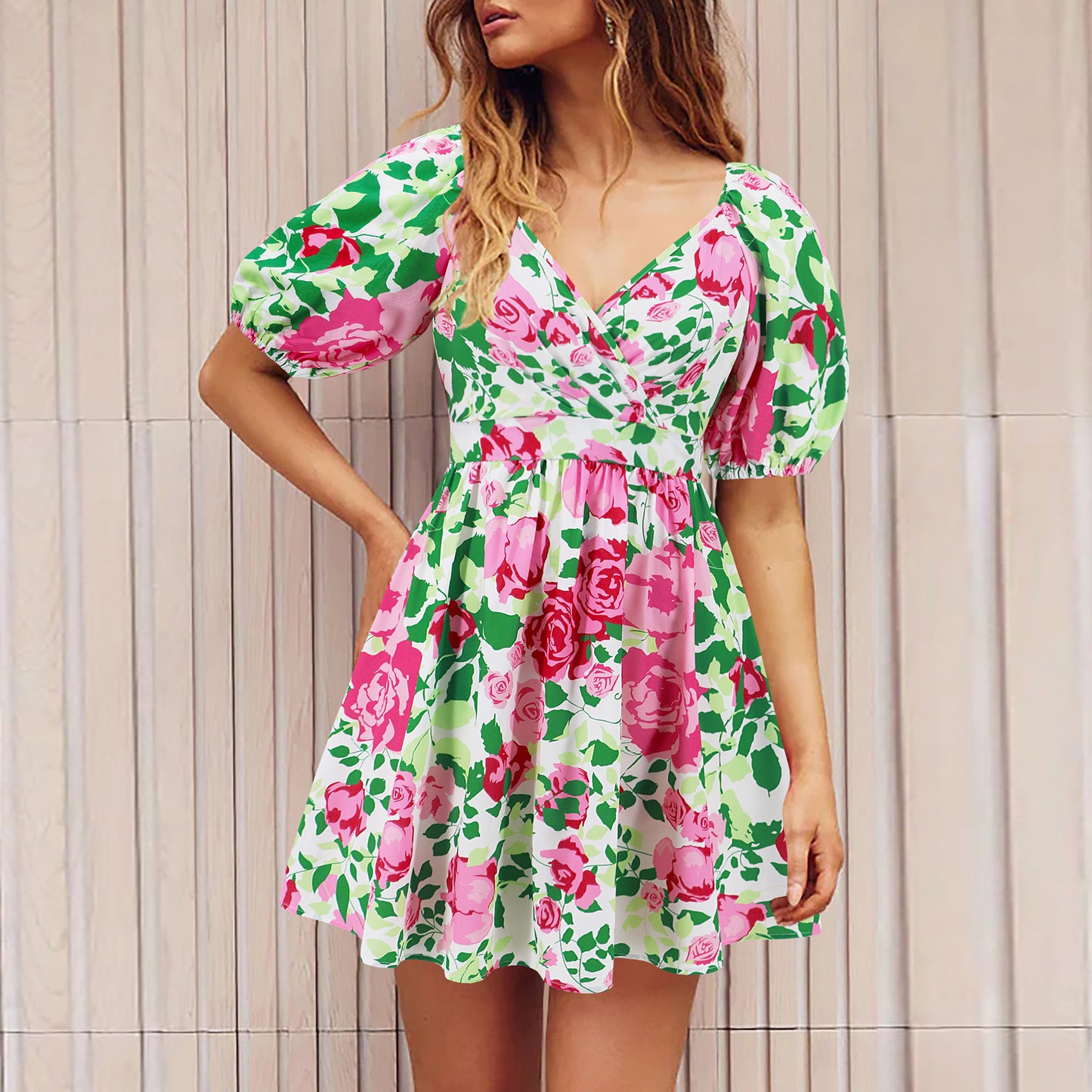 Floral Lantern Sleeve A-Line Mini Dress