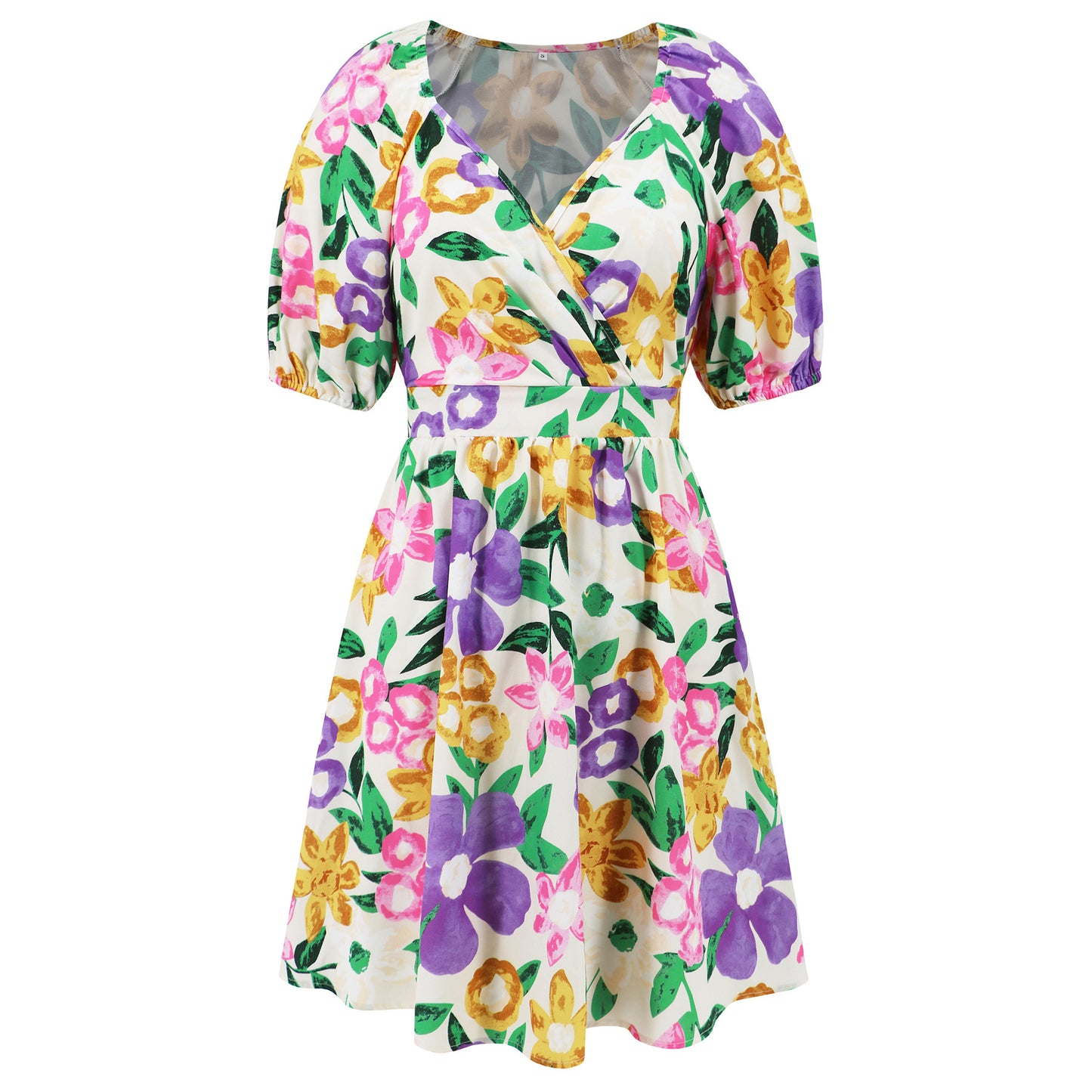 Floral Lantern Sleeve A-Line Mini Dress / Red And Green / XXL
