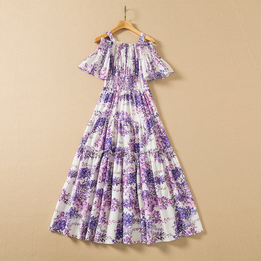 Floral Off-Shoulder Elastic Waist Midi Dress / White / S