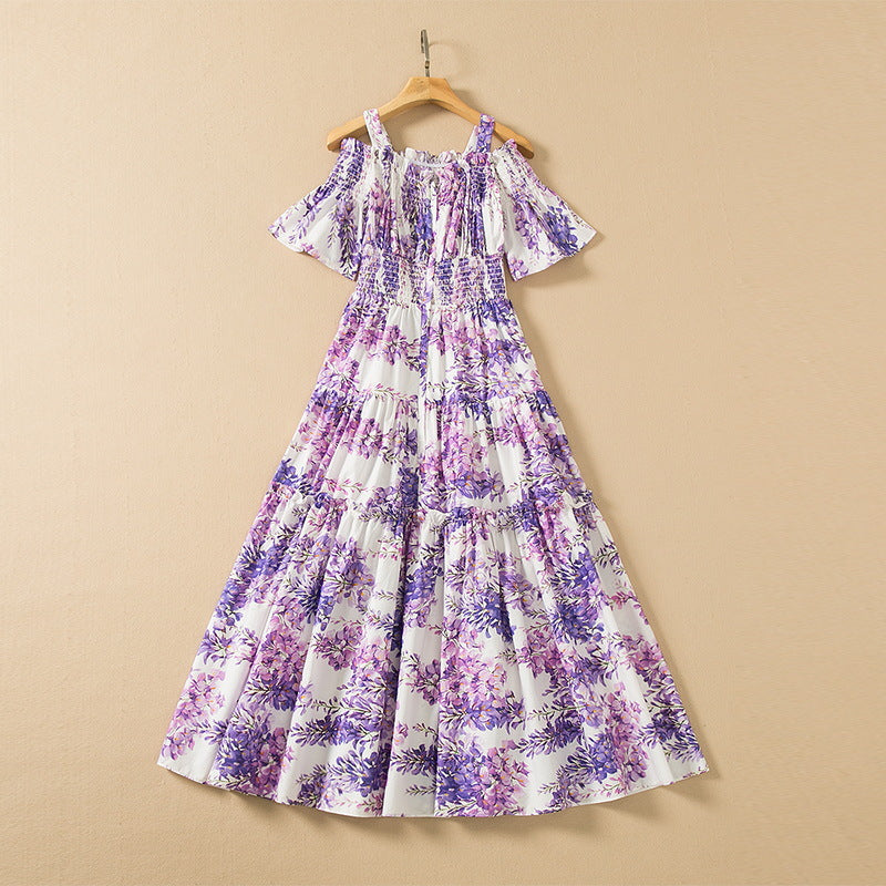 Floral Off-Shoulder Elastic Waist Midi Dress / White / M