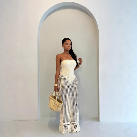 Hollow Knit Resort Bodycon Midi Dress / Apricot / S