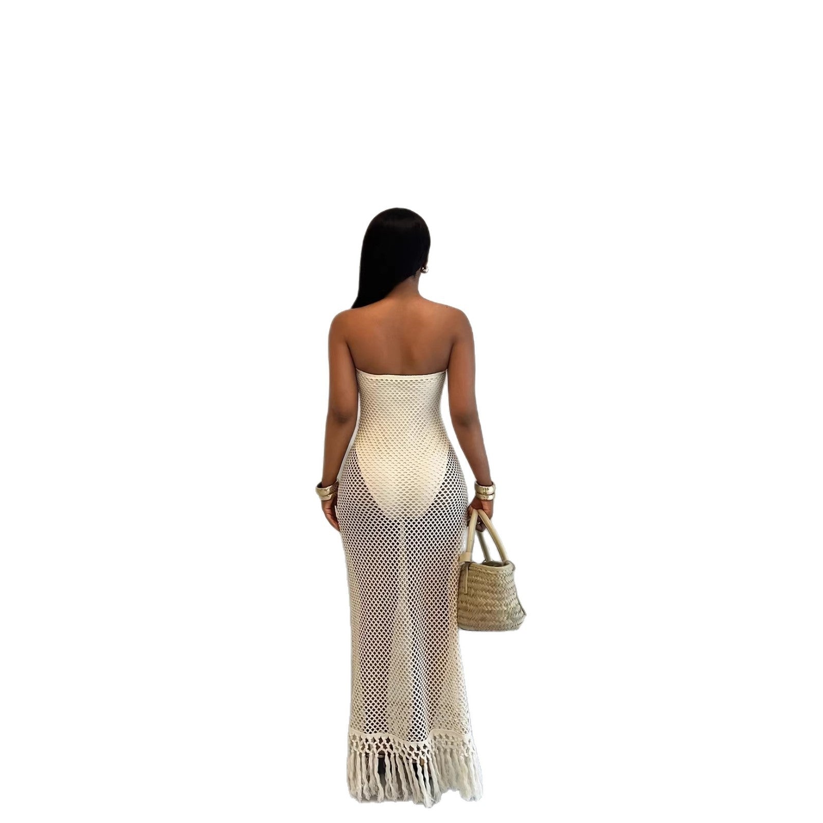 Hollow Knit Resort Bodycon Midi Dress / Black / S