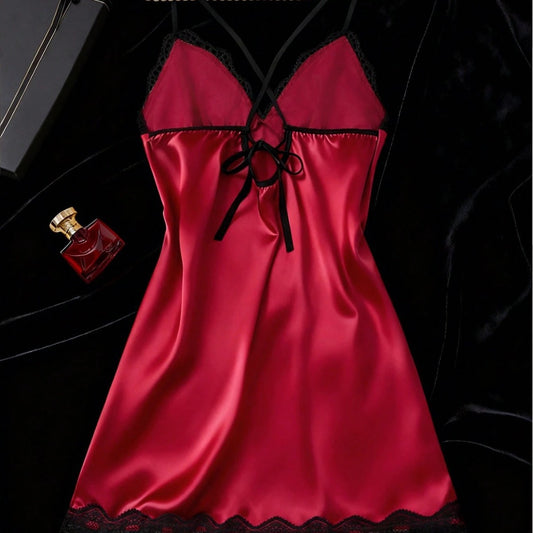 Lace Trim Camisole Sleep Dress / Black / S
