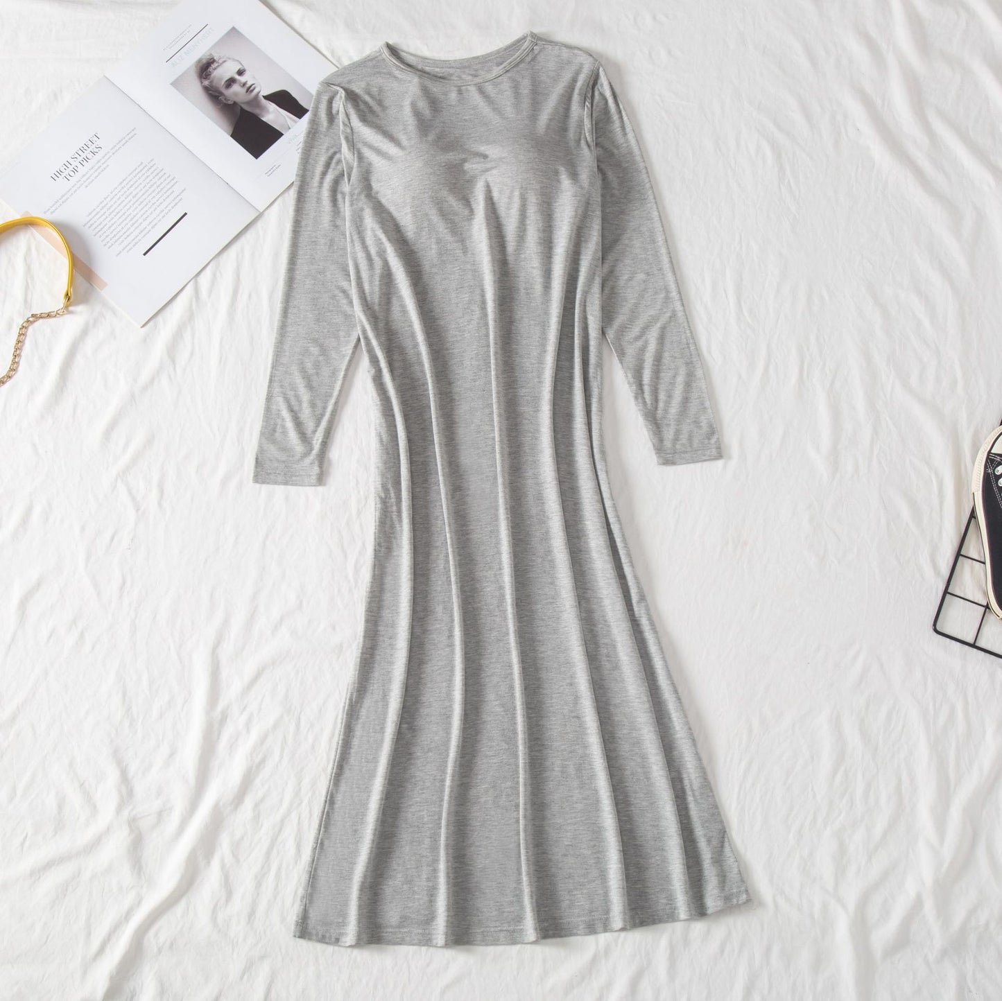 Modal Soft Lounge Sleep Dress with Built-In Bra / Heather Gray / M