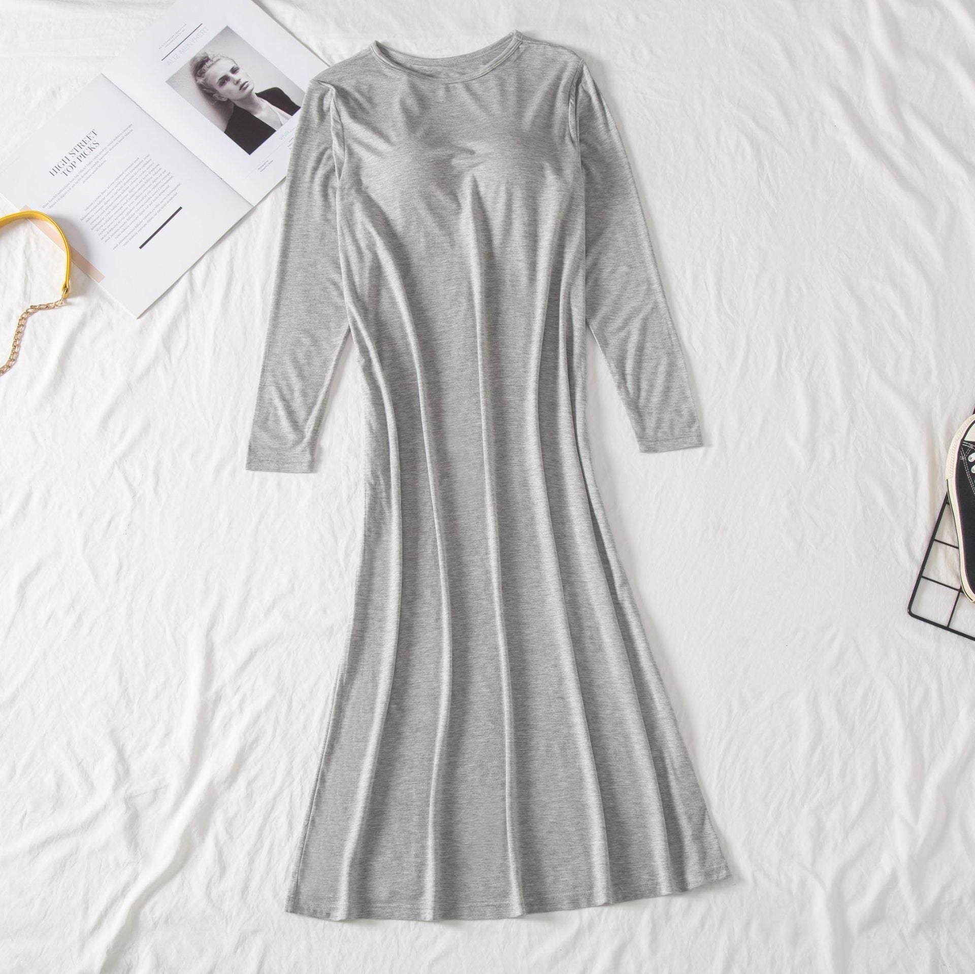 Modal Soft Lounge Sleep Dress with Built-In Bra / Heather Gray / M