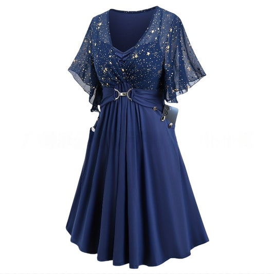 Navy Pleated Belted Midi Dress with Bishop Sleeves / Navy Blue / 1XL