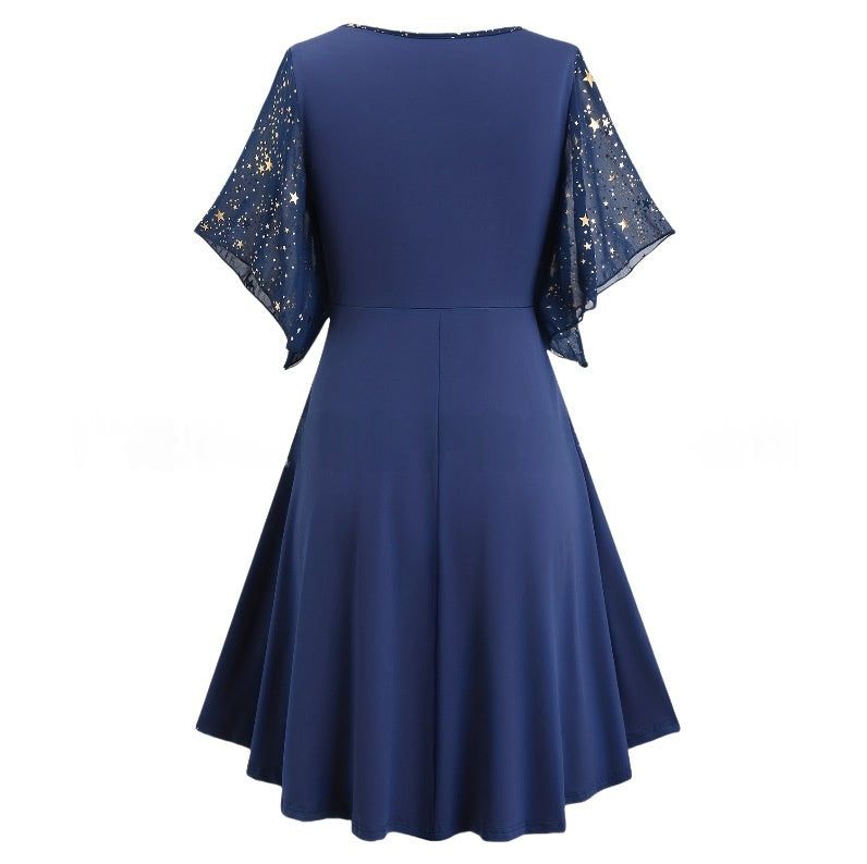 Navy Pleated Belted Midi Dress with Bishop Sleeves / Navy Blue / 2XL