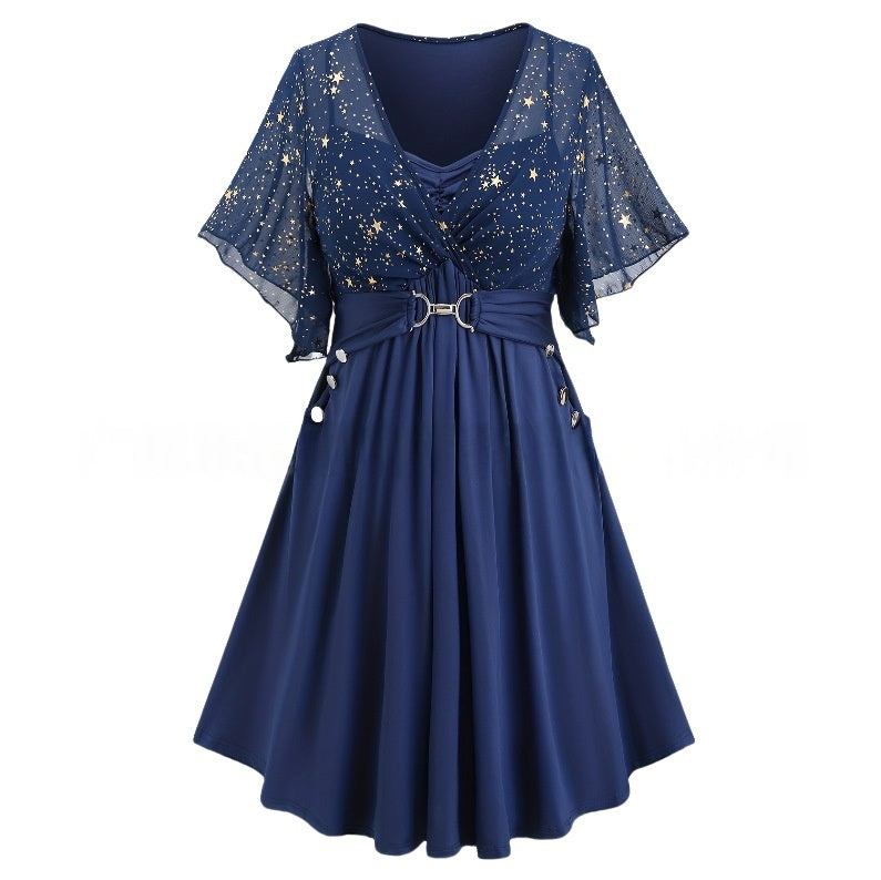 Navy Pleated Belted Midi Dress with Bishop Sleeves / Navy Blue / 3XL
