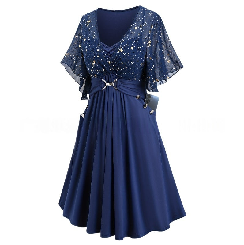 Navy Pleated Belted Midi Dress with Bishop Sleeves