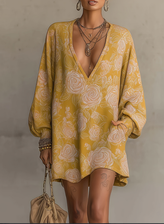 Relaxed Boho Lantern Sleeve Oversized Dress / Yellow / S