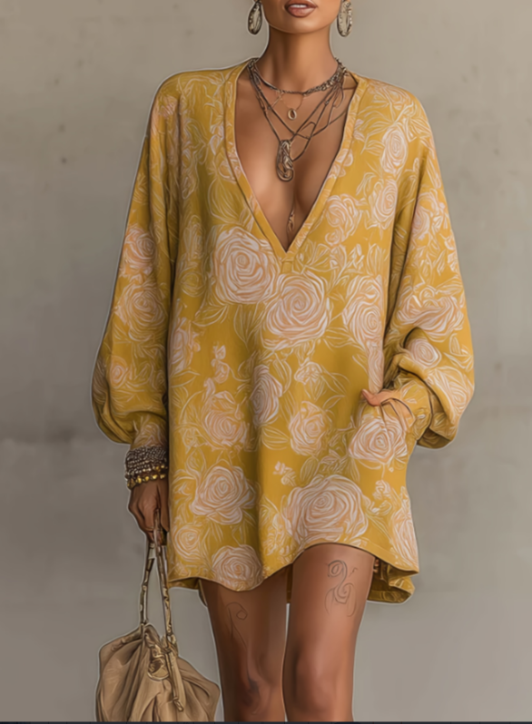 Relaxed Boho Lantern Sleeve Oversized Dress