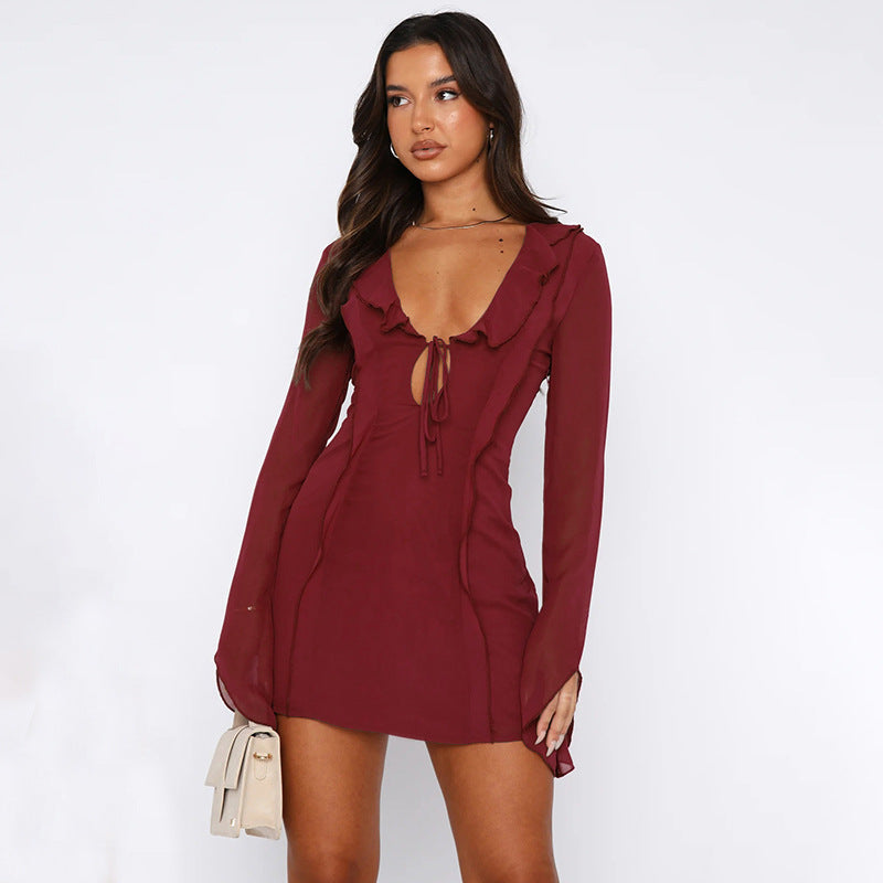 Ruffled Long Sleeve Lace-Up Mini Dress