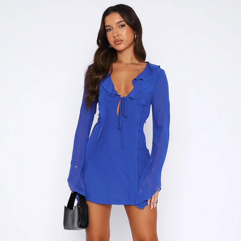 Ruffled Long Sleeve Lace-Up Mini Dress