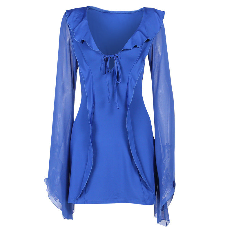 Ruffled Long Sleeve Lace-Up Mini Dress