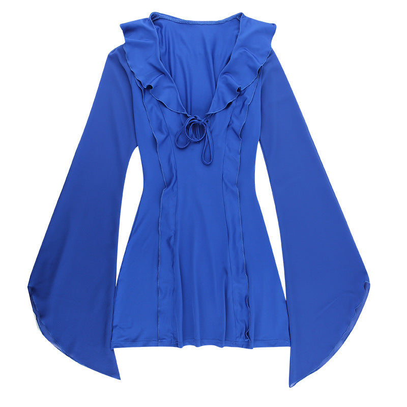 Ruffled Long Sleeve Lace-Up Mini Dress
