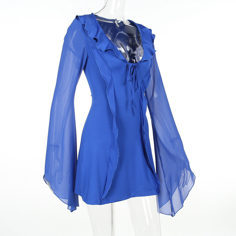 Ruffled Long Sleeve Lace-Up Mini Dress
